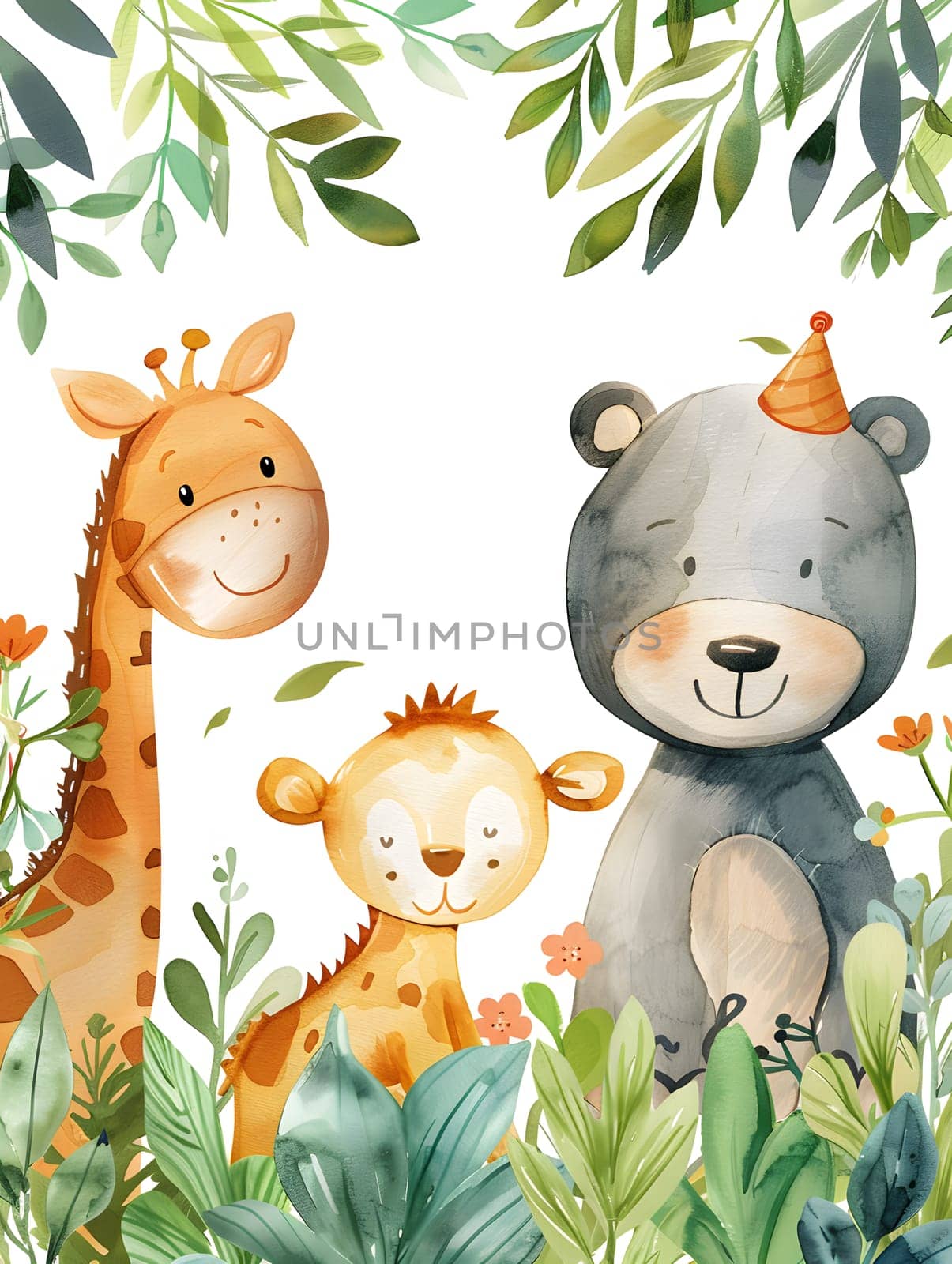 Giraffe, monkey, and bear happily sitting in jungle amongst grass and fawns by Nadtochiy