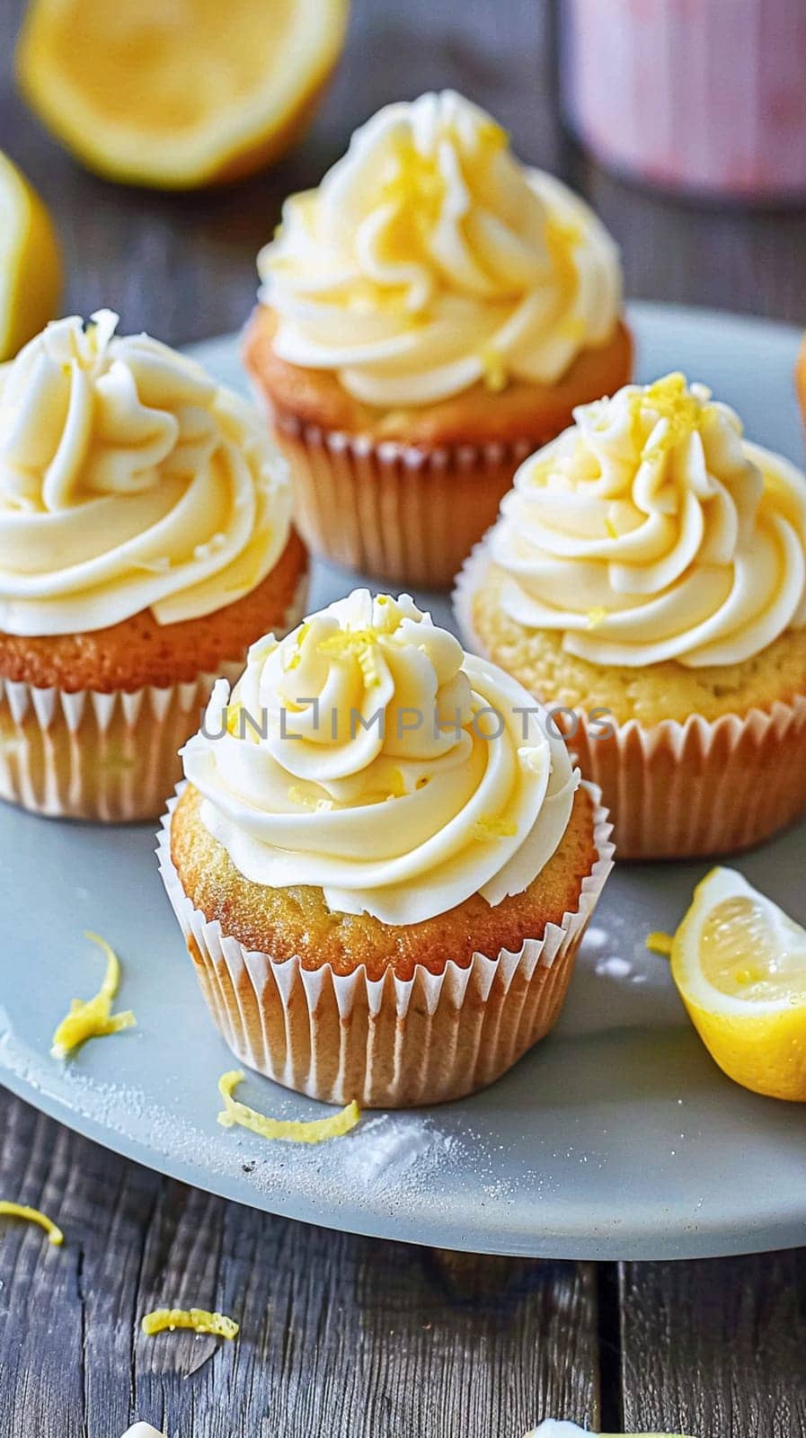 Homemade lemon cupcakes with buttercream frosting, baking recipe