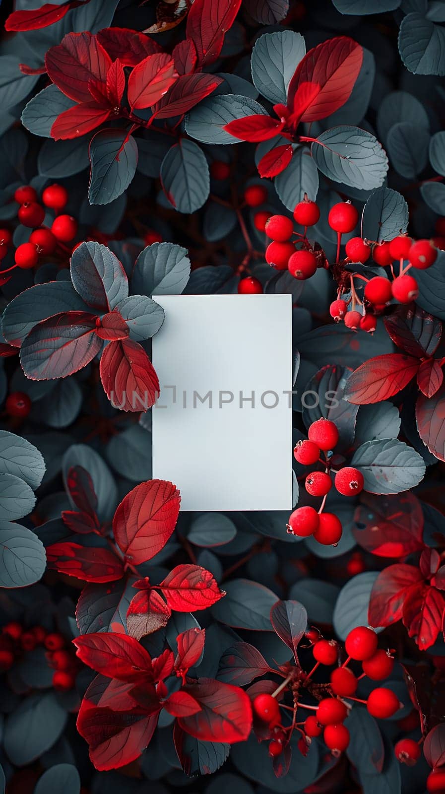 A beautiful white card with red leaves and berries in a floral pattern by Nadtochiy