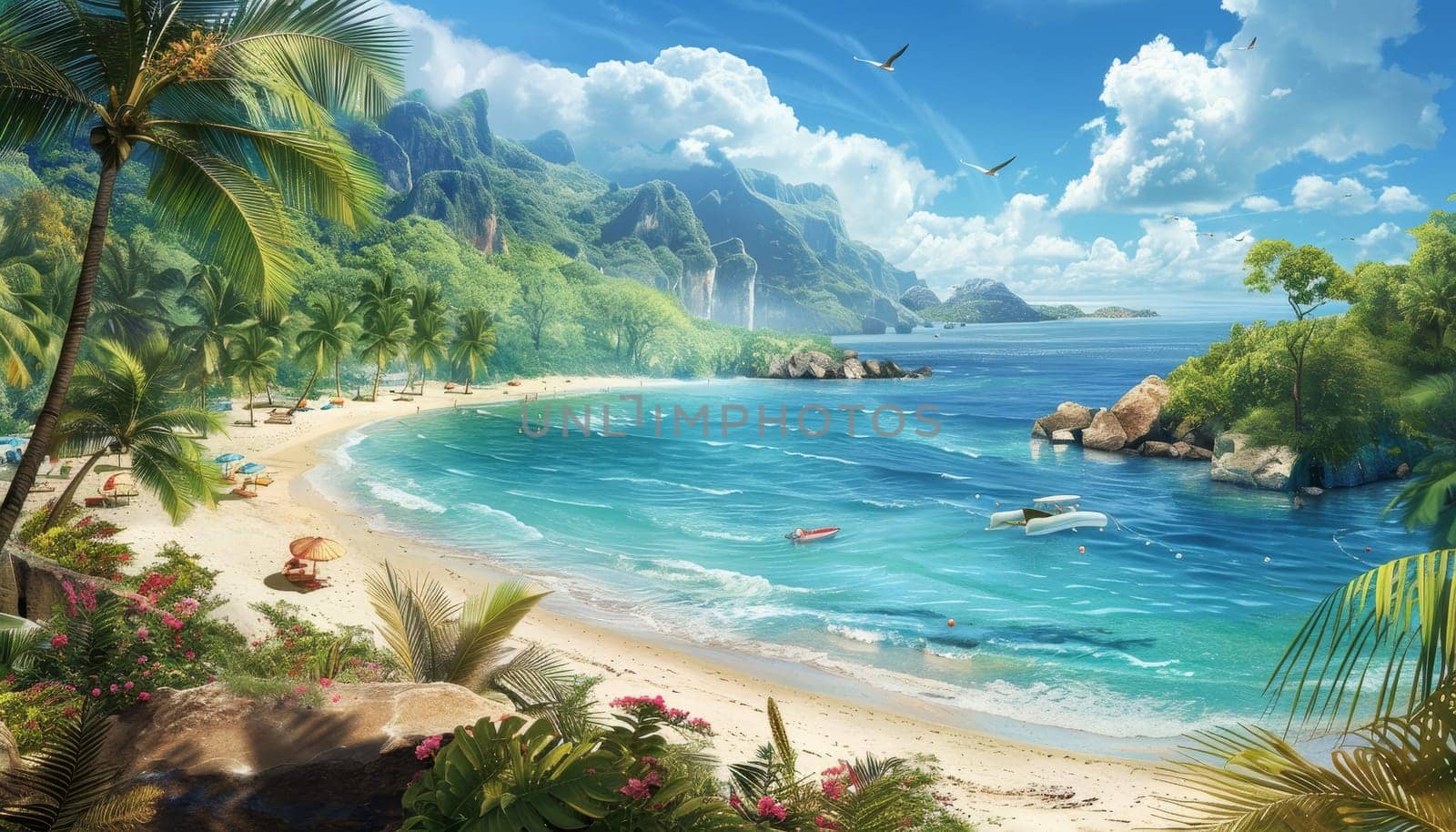 A beautiful beach scene with palm trees and a sailboat in the water by AI generated image by wichayada