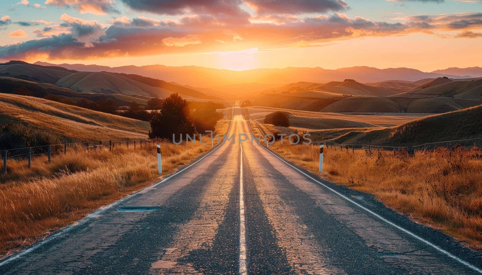 A road stretches across a desert landscape with a bright orange sun in the sky by AI generated image by wichayada