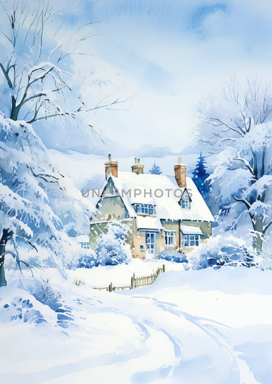Merry Christmas and Happy Holidays, watercolour printable art print, English countryside cottage as snow winter holiday Christmas card, thank you and diy greeting card design, country style idea