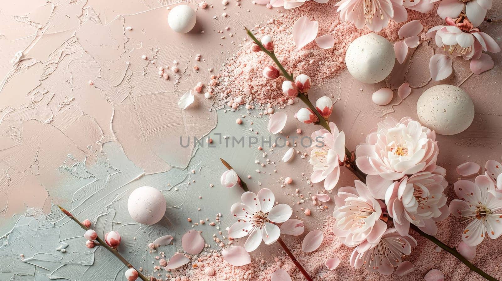 A pink and white floral arrangement with a grey background by itchaznong