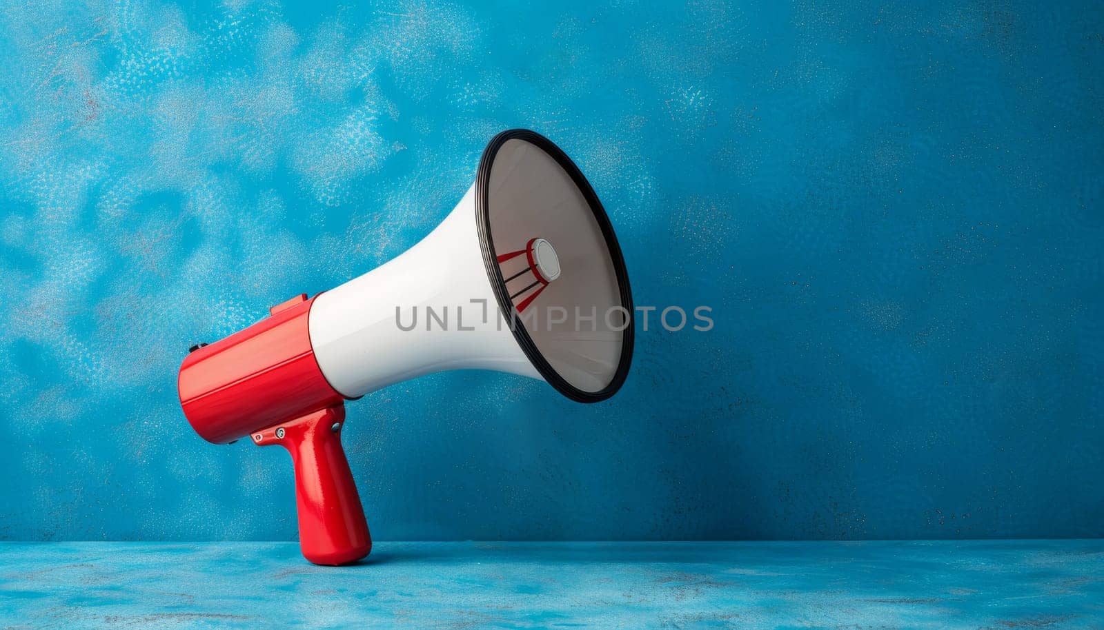 A red and white microphone is on a blue background with white specks by AI generated image.
