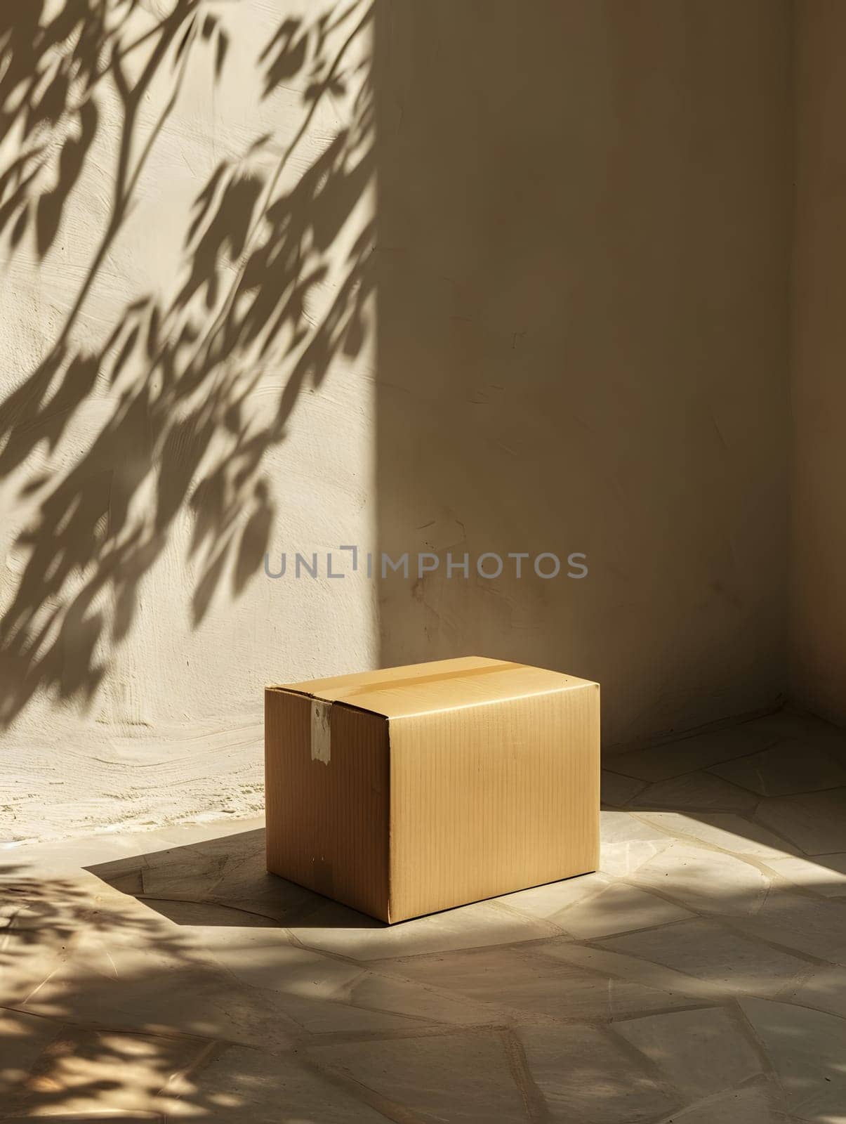 A rectangular cardboard box is resting on the hardwood floor of a room, with a tree shadow casting tints and shades on the wall