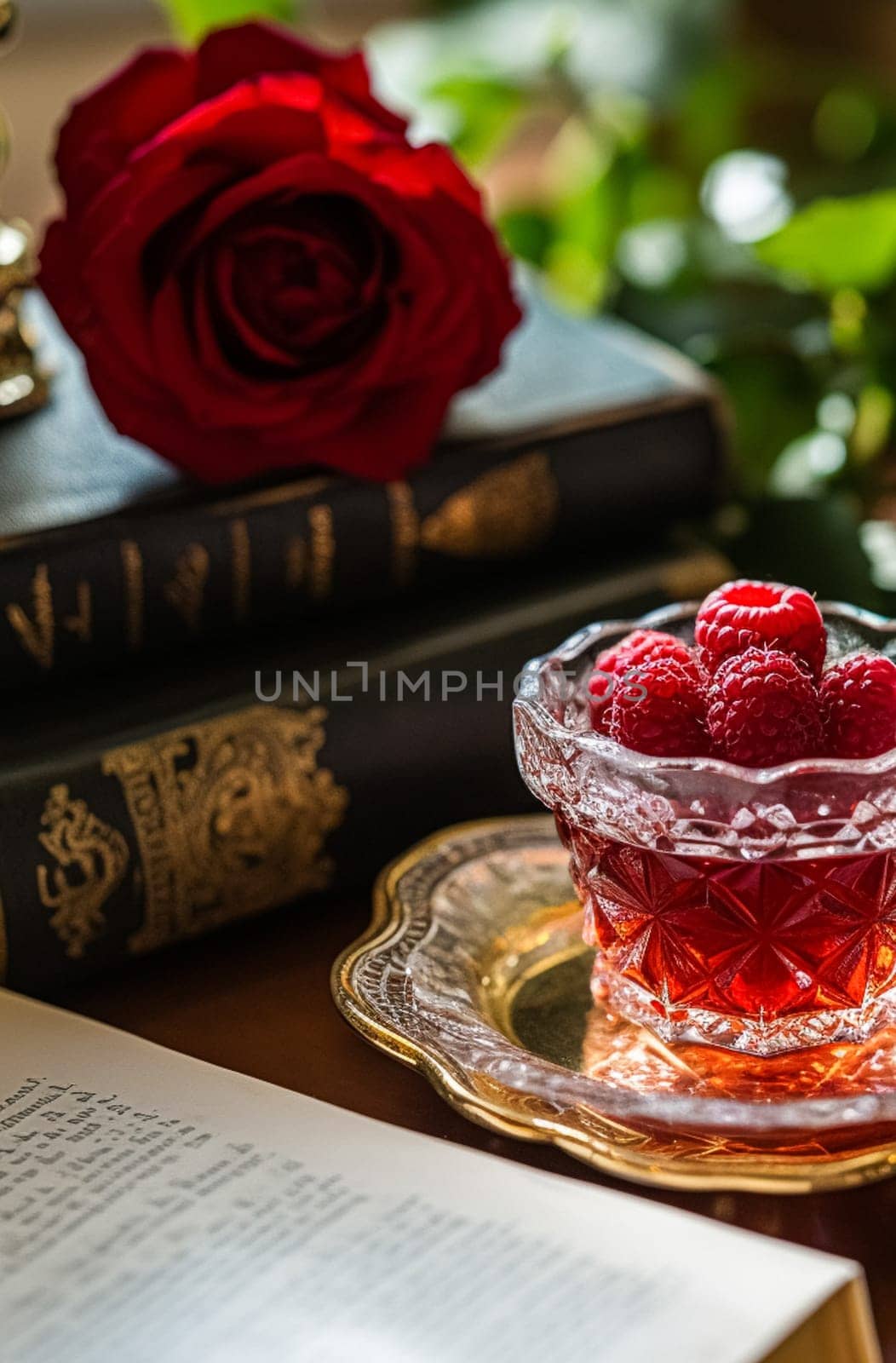 Raspberry jam and raspberries in a crystal bowl, country food and English recipe idea for menu, food blog and cookbook by Anneleven