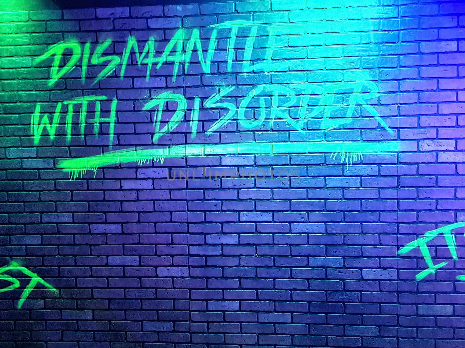 Graffiti 'Dismantle with disorder' on brick wall under neon lights in Indianapolis, echoing themes of rebellion and urban art.