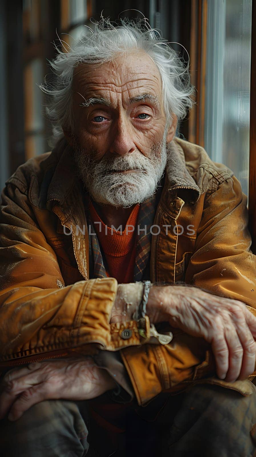 A portrait of an elderly physicist with a beard and wrinkles, sitting in front of a window. The event captures the art of aging and facial hair in visual arts