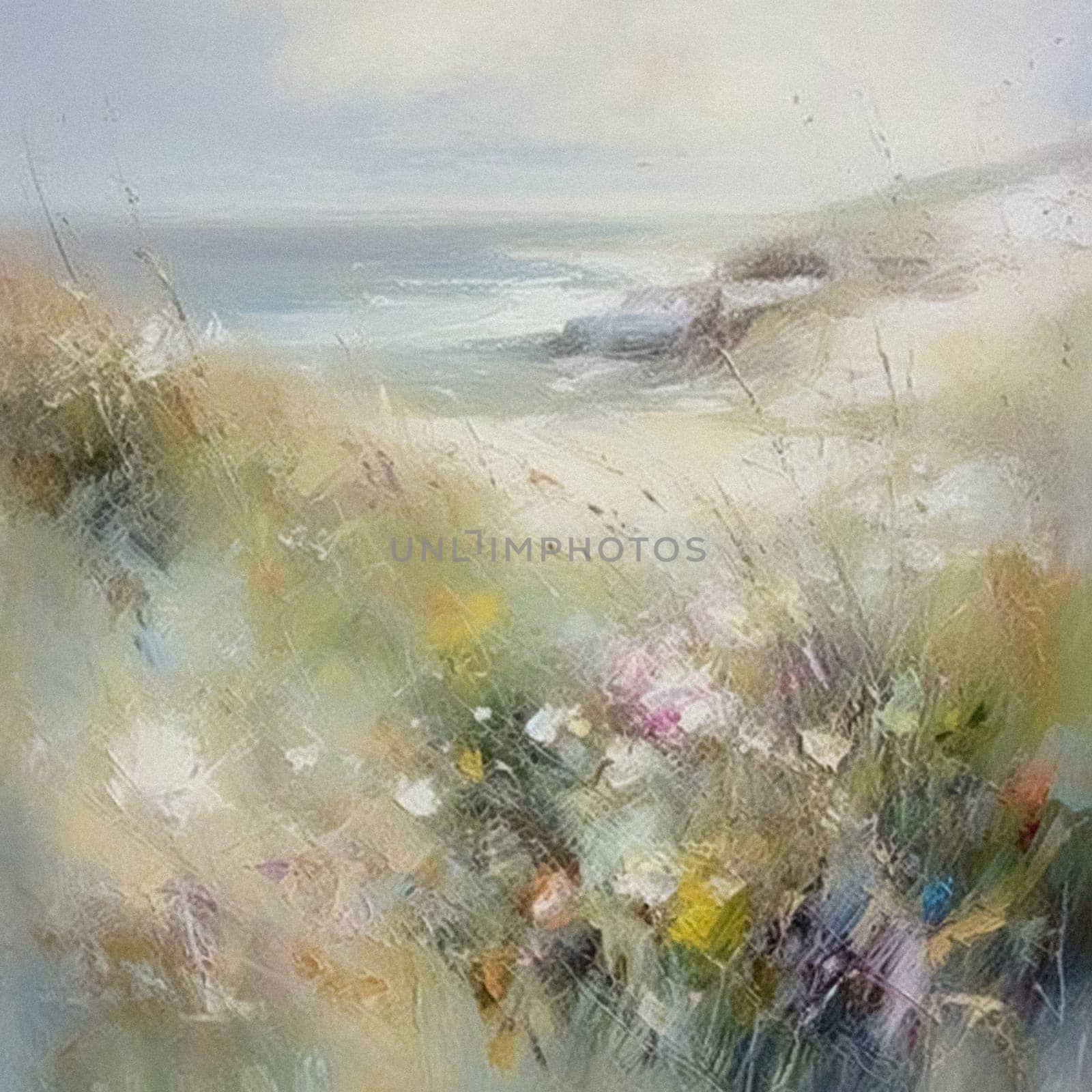Oil style fine art coastal painting of the English coast, romantic seaside and floral meadow in soft pastel colours, evoking a sense of tranquility and natural beauty, printable art by Anneleven