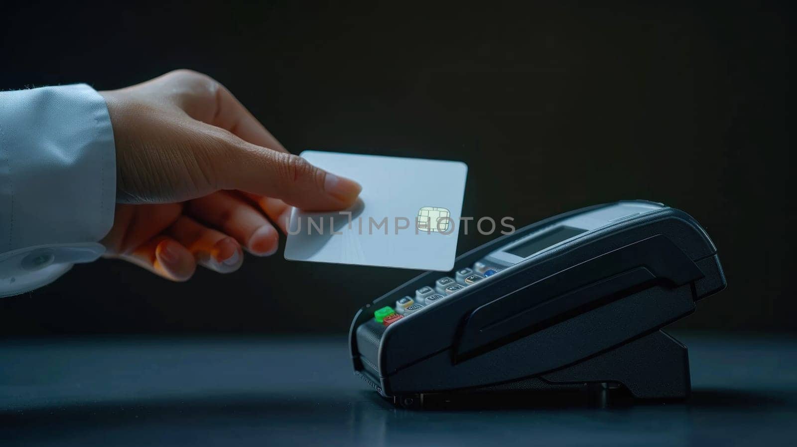 A Hand inserting credit card into payment terminal.