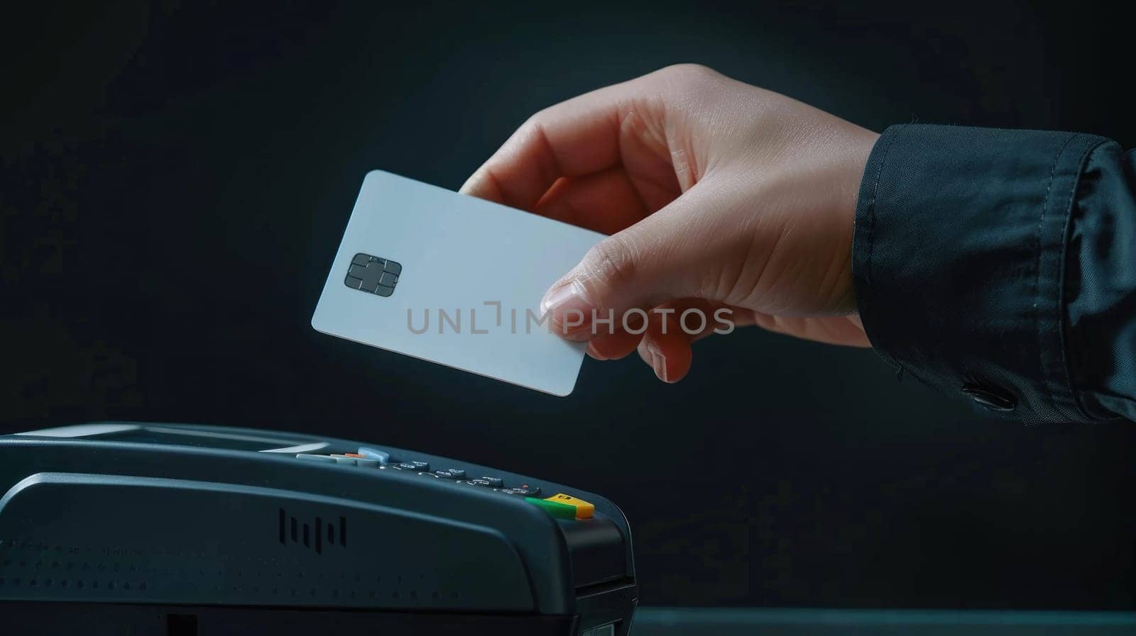 A Hand inserting credit card into payment terminal.
