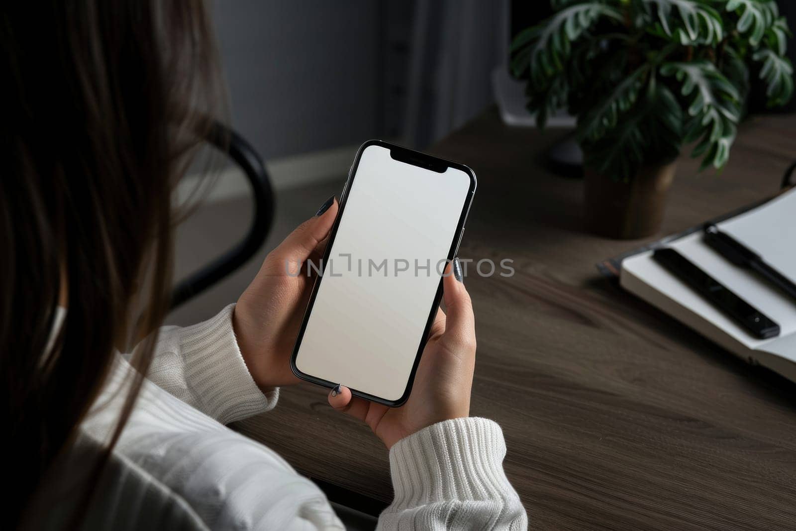 A woman holding a smartphone white screen on a wooden table.