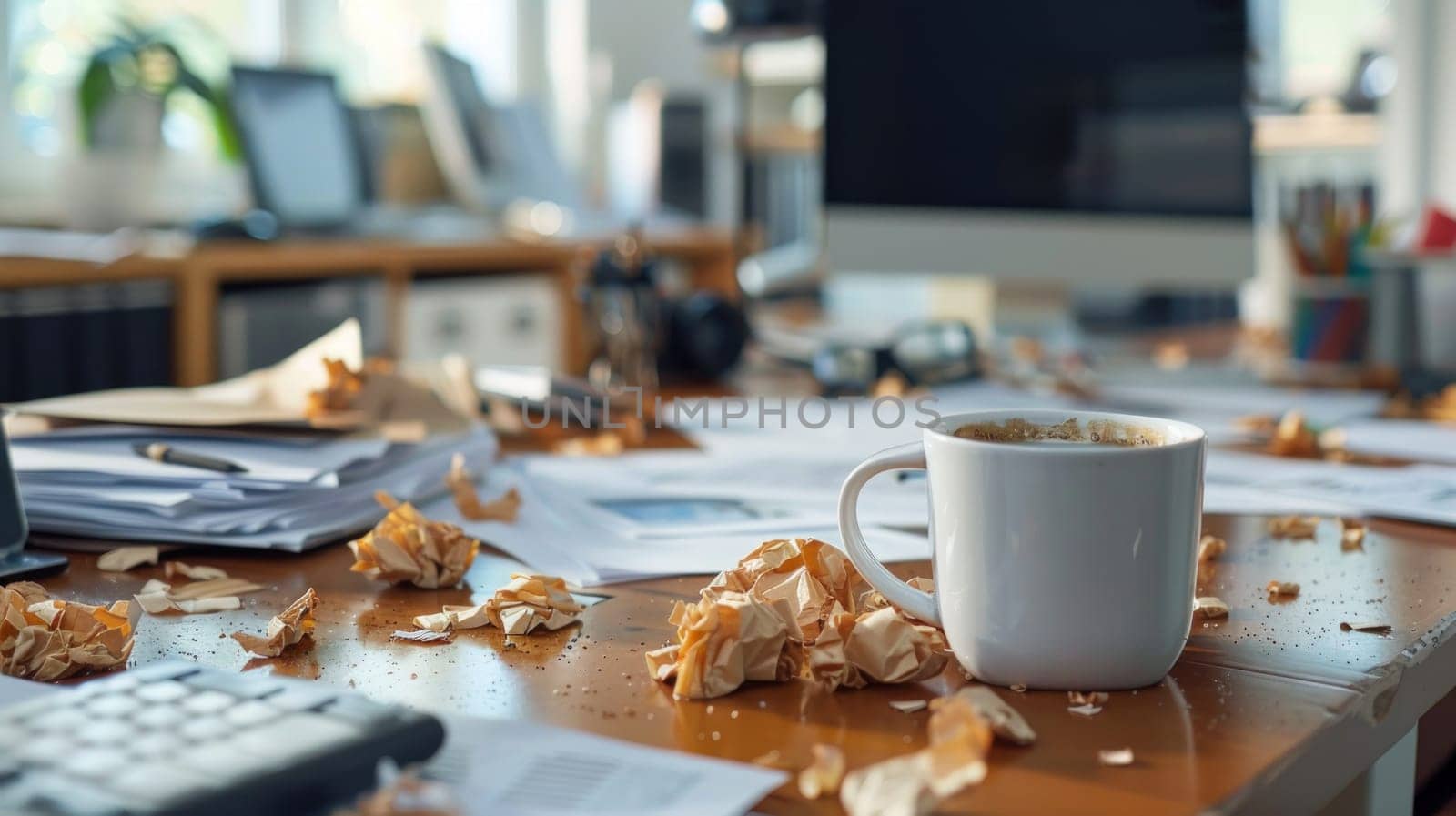 A messy desk with a spilled coffee cup, crumpled papers, and a deserted computer monitor..