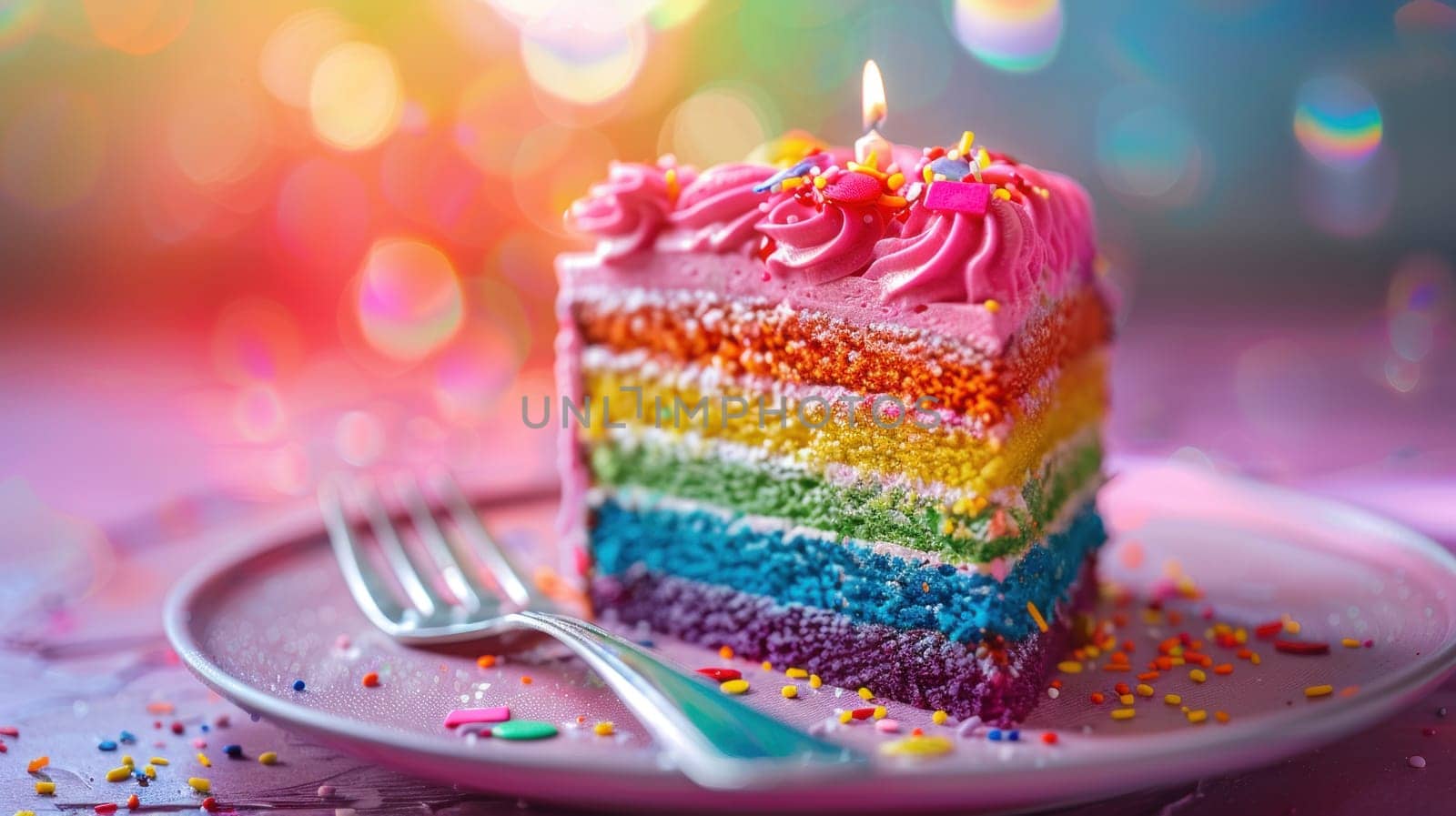 A slice of rainbow pride cake with pink frosting and sprinkles on a plate by golfmerrymaker