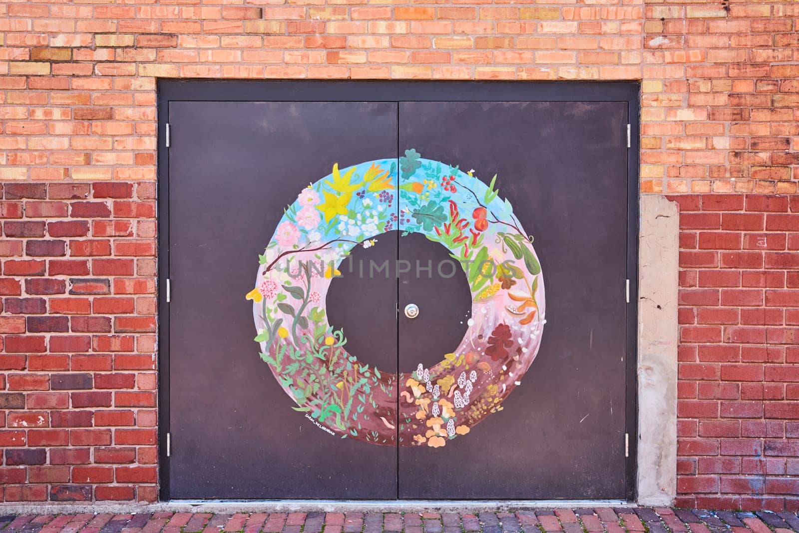 Vibrant mural on black doors against a brick wall, showcasing seasonal floral art in downtown Fort Wayne.