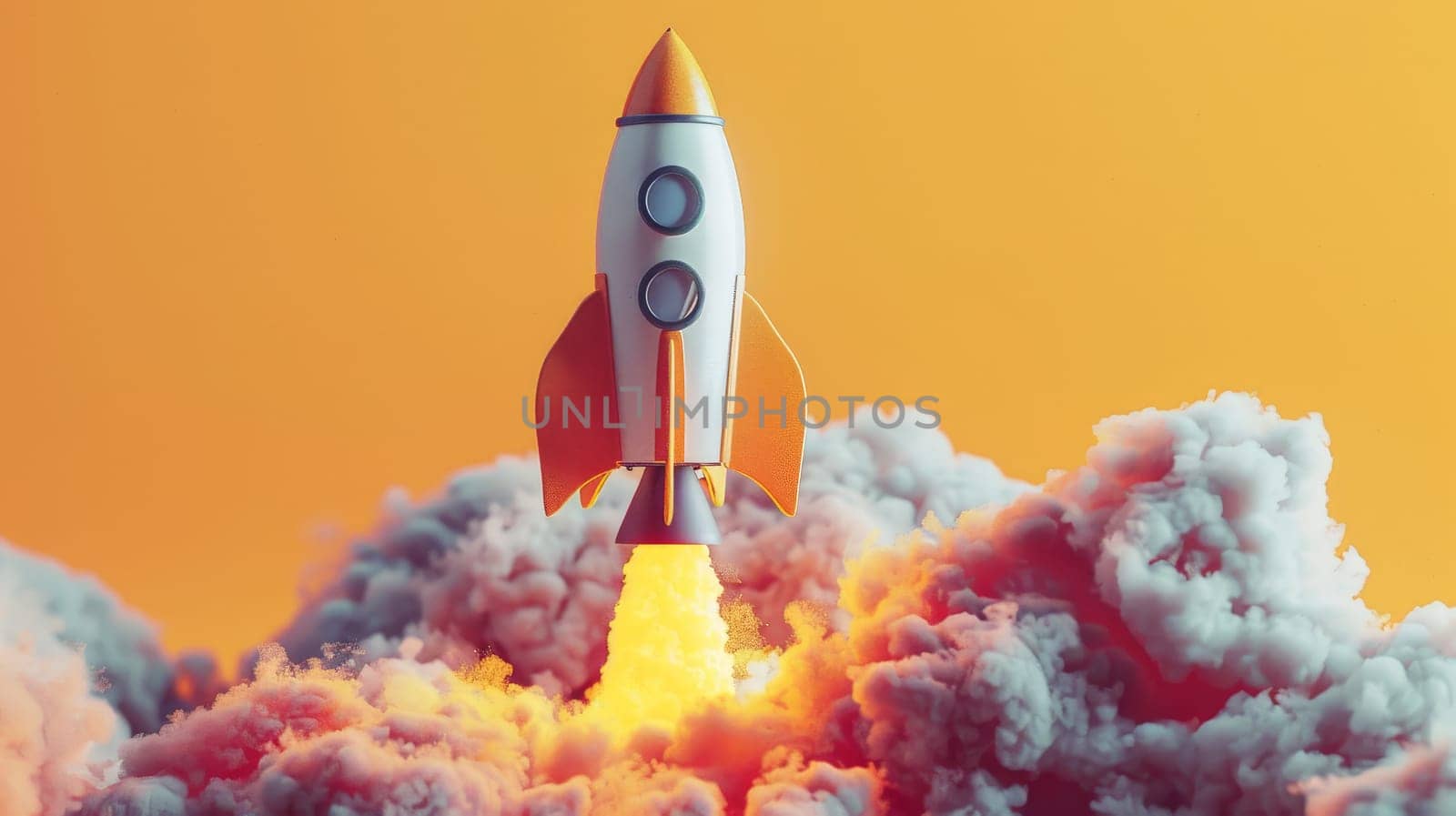 A space rocket taking off, Rocket ship launch, Startup concept with copy space by nijieimu