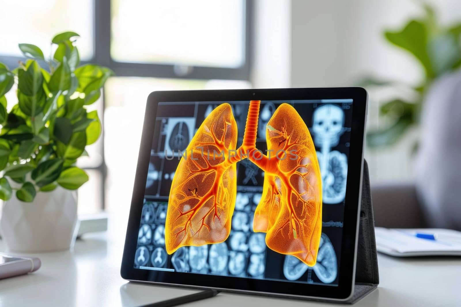 A bright, minimalistic setting featuring a large tablet displaying a vibrant orange holographic 3D lung by golfmerrymaker
