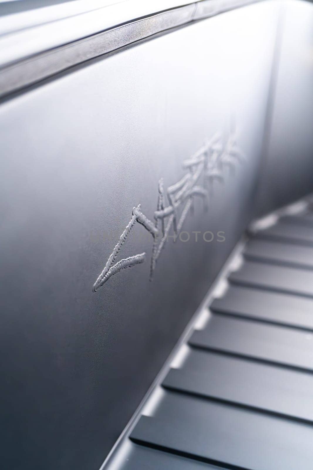 Engraved Logo Detail Inside the Open Frunk of a Tesla Cybertruck by arinahabich