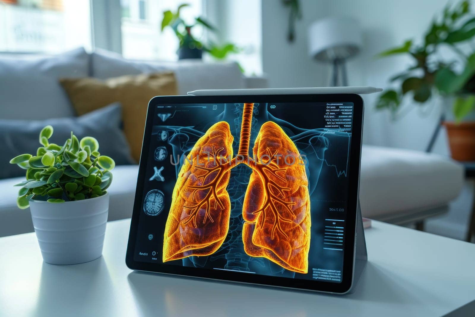 A bright, minimalistic setting featuring a large tablet displaying a vibrant orange holographic 3D lung.