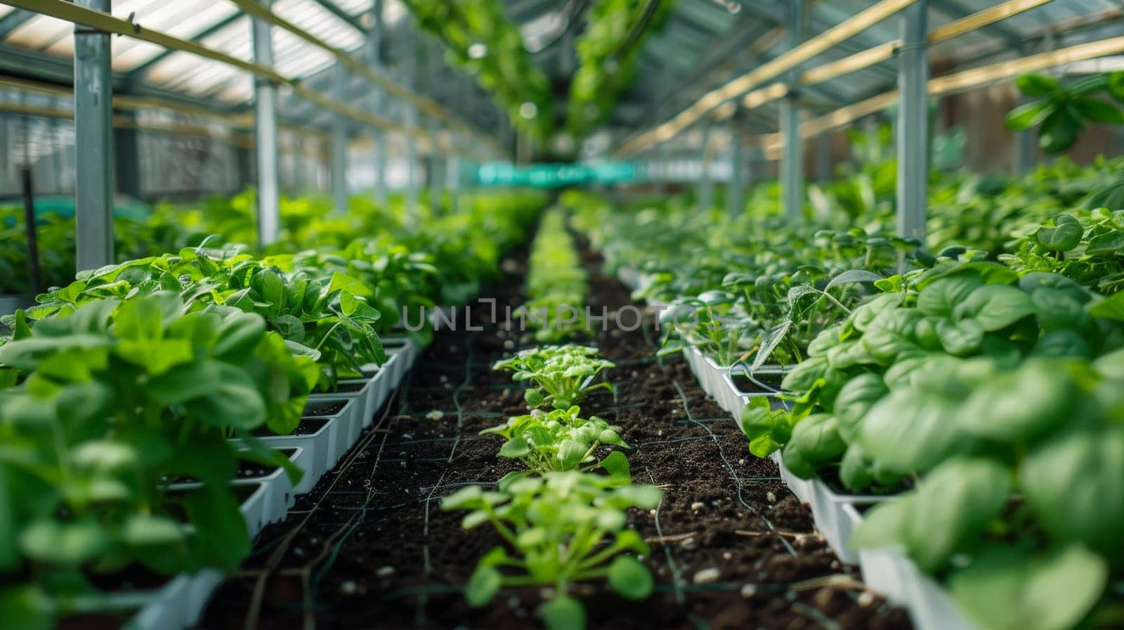 A modern greenhouse filled with veggies, A greenhouse filled with rows of genetically modified plants.