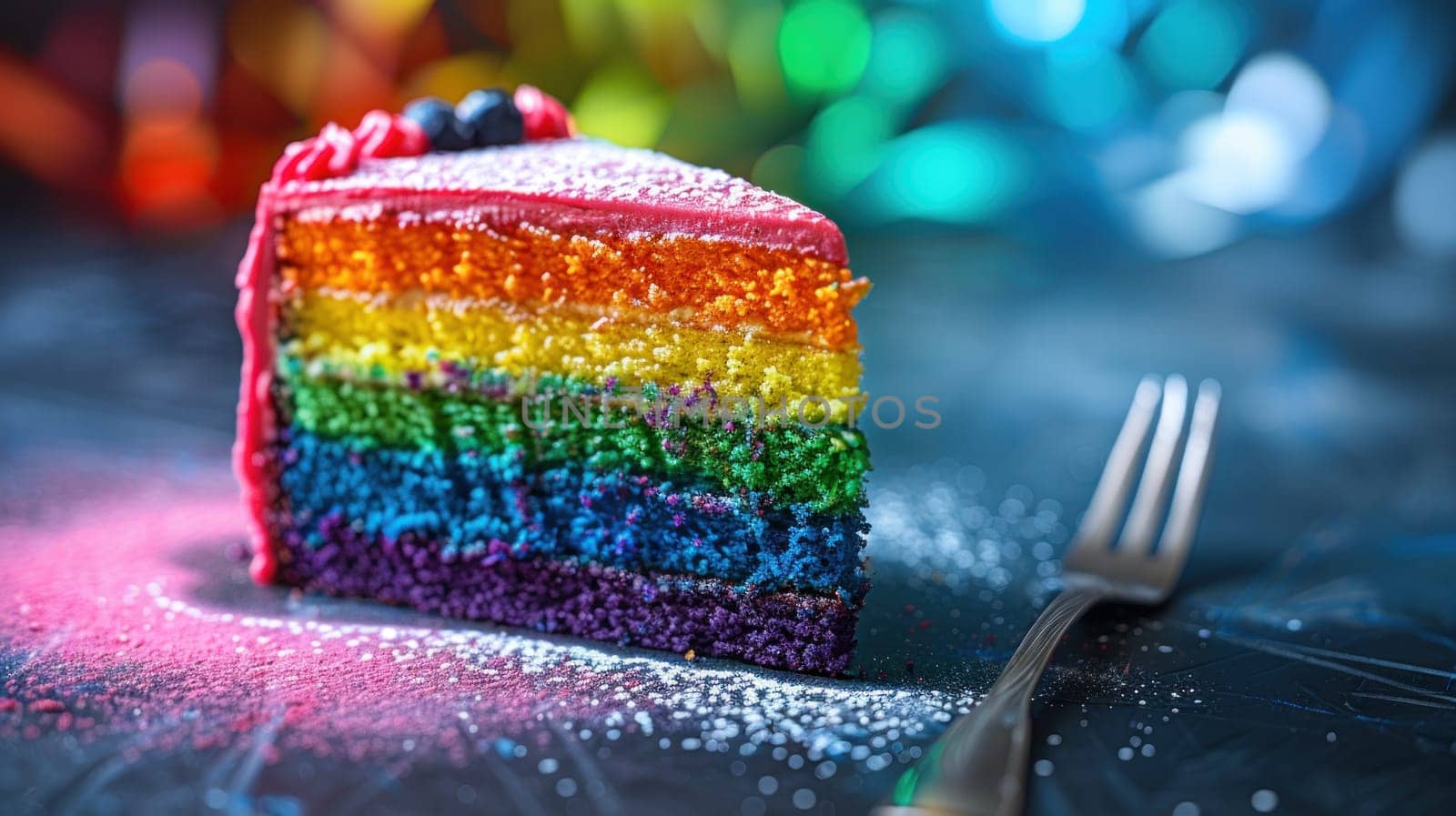 A slice of rainbow pride cake with pink frosting and sprinkles on a plate.