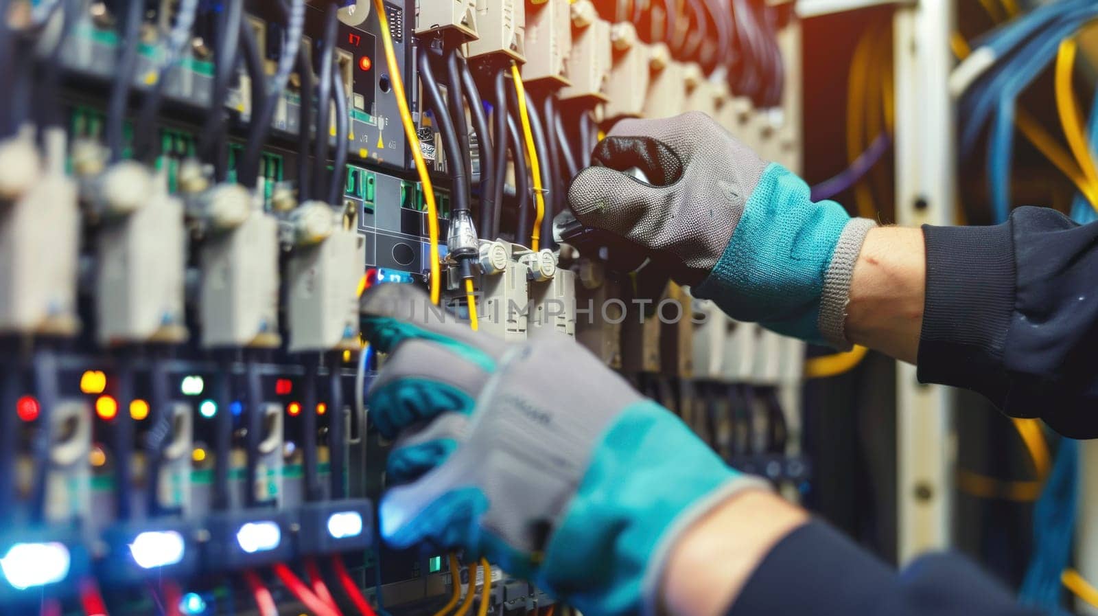 A man is working on a power box with his hands in blue gloves by golfmerrymaker