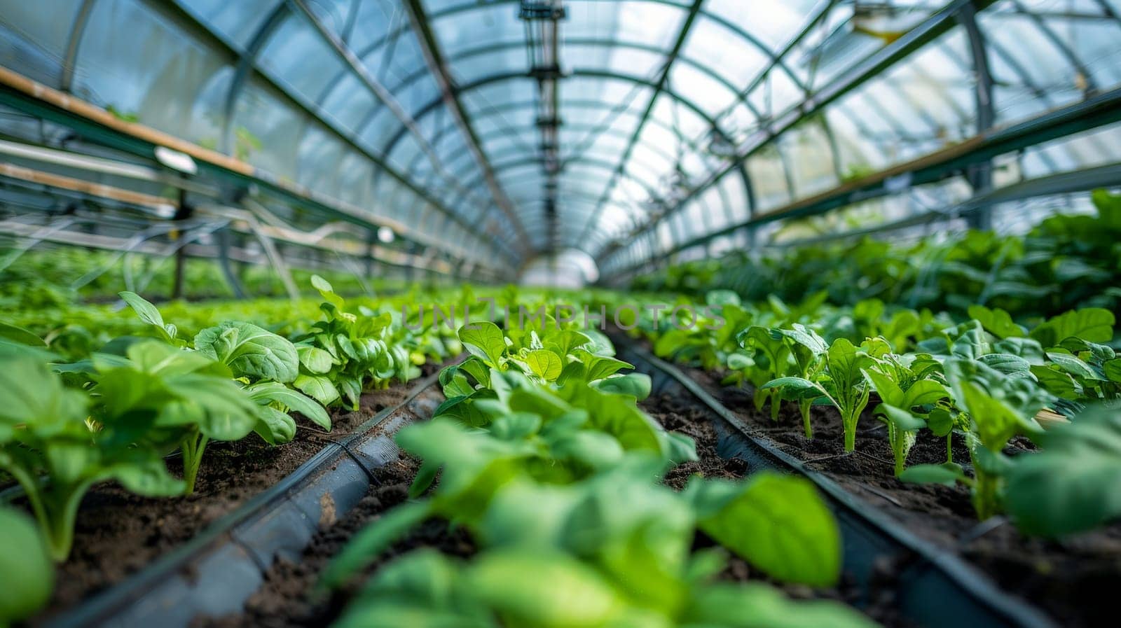 A modern greenhouse filled with veggies, A greenhouse filled with rows of genetically modified plants by nijieimu