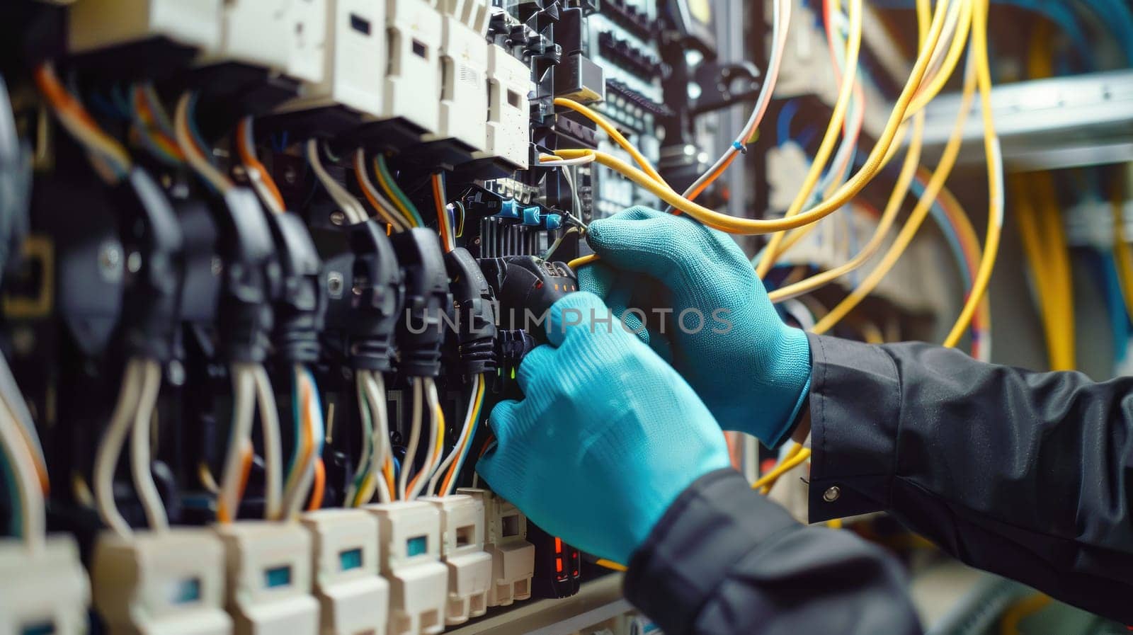 A man is working on a power box with his hands in blue gloves. Concept of caution and precision as the man carefully handles the wires and equipment