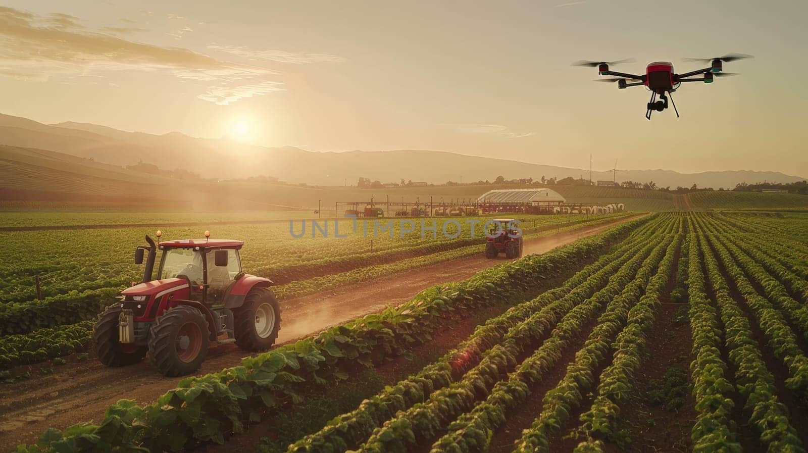 A drone flies over an agricultural field, Smart farming and precision farming concepts, Concept of technological agriculture.