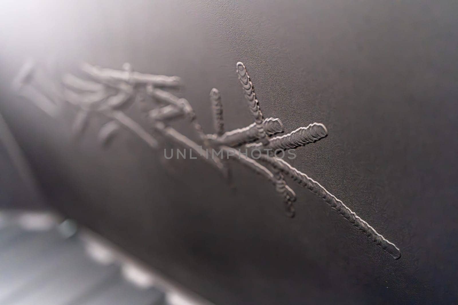 Engraved Logo Detail Inside the Open Frunk of a Tesla Cybertruck by arinahabich