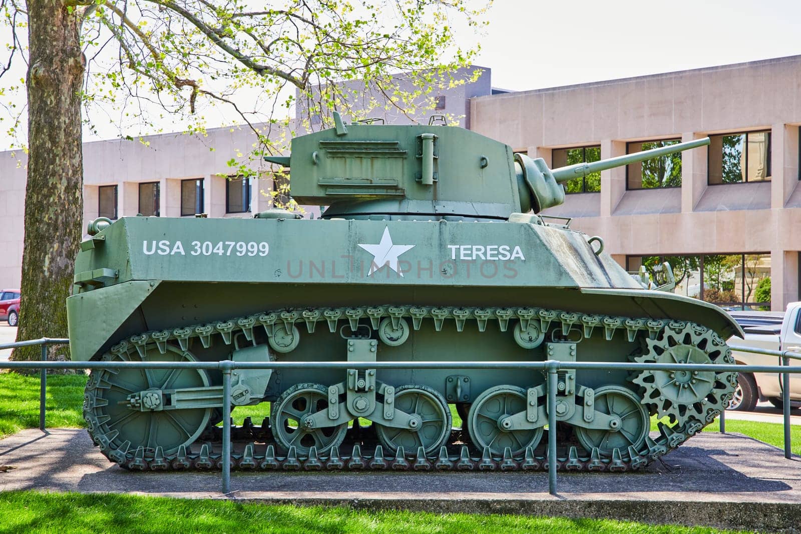 Vintage TERESA military tank displayed in Warsaw, Indiana, symbolizing strength and history.