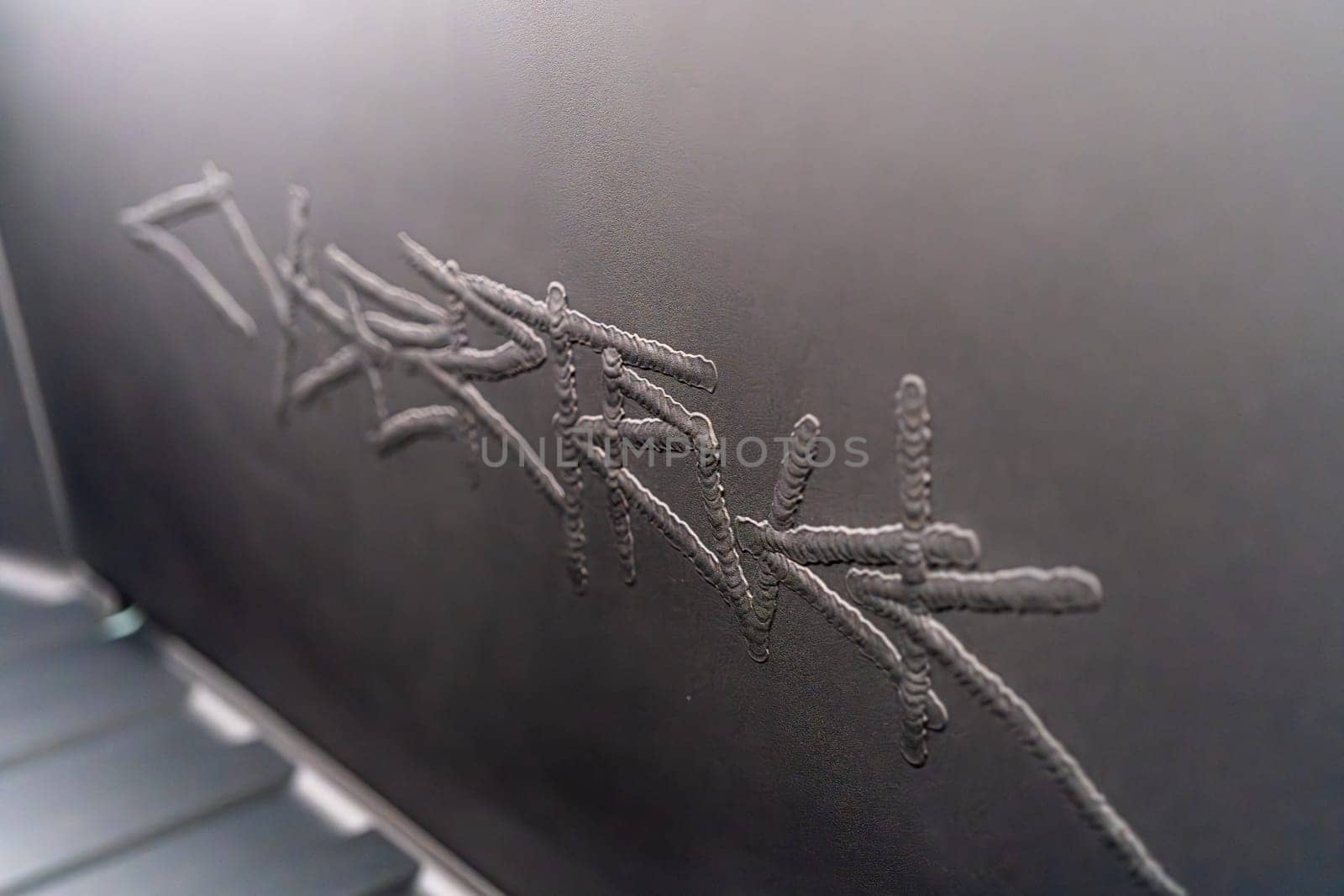 Engraved Logo Detail Inside the Open Frunk of a Tesla Cybertruck by arinahabich