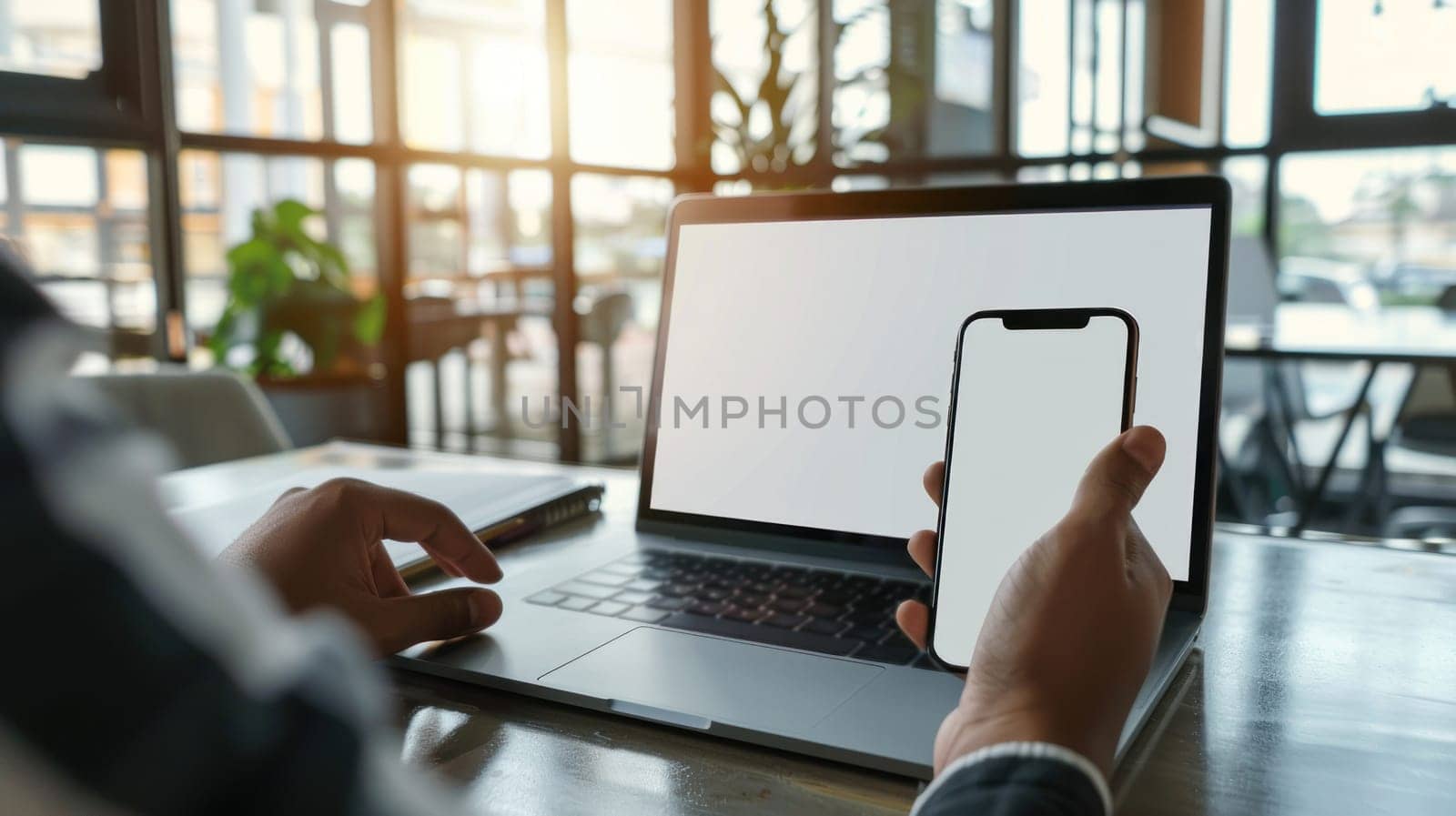 Mockup empty, a person is working on a laptop with a white screen, another person is holding a phone with a white screen, modern office in the background by golfmerrymaker