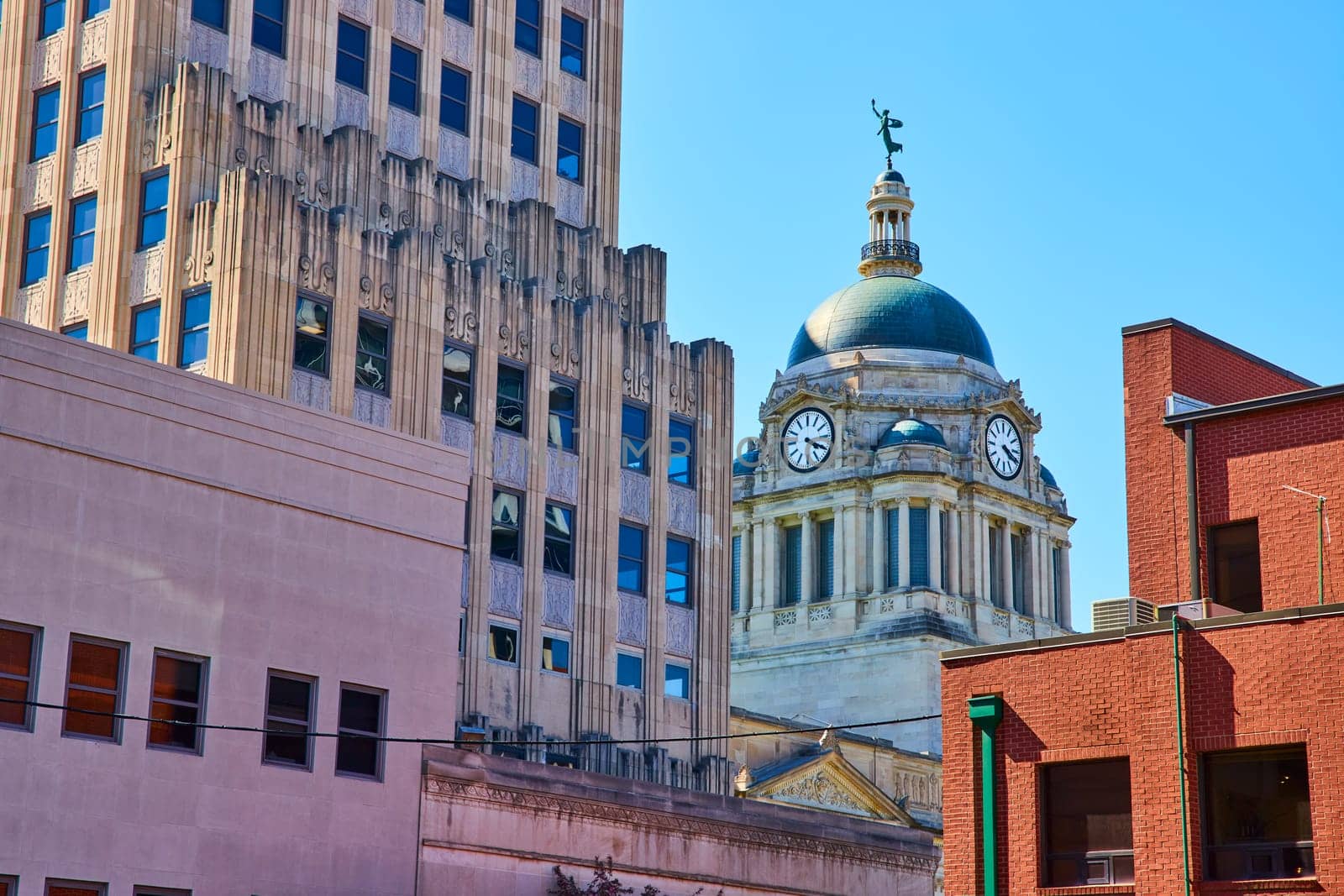 Historic and modern architecture blend under the clear skies of downtown Fort Wayne, Indiana.
