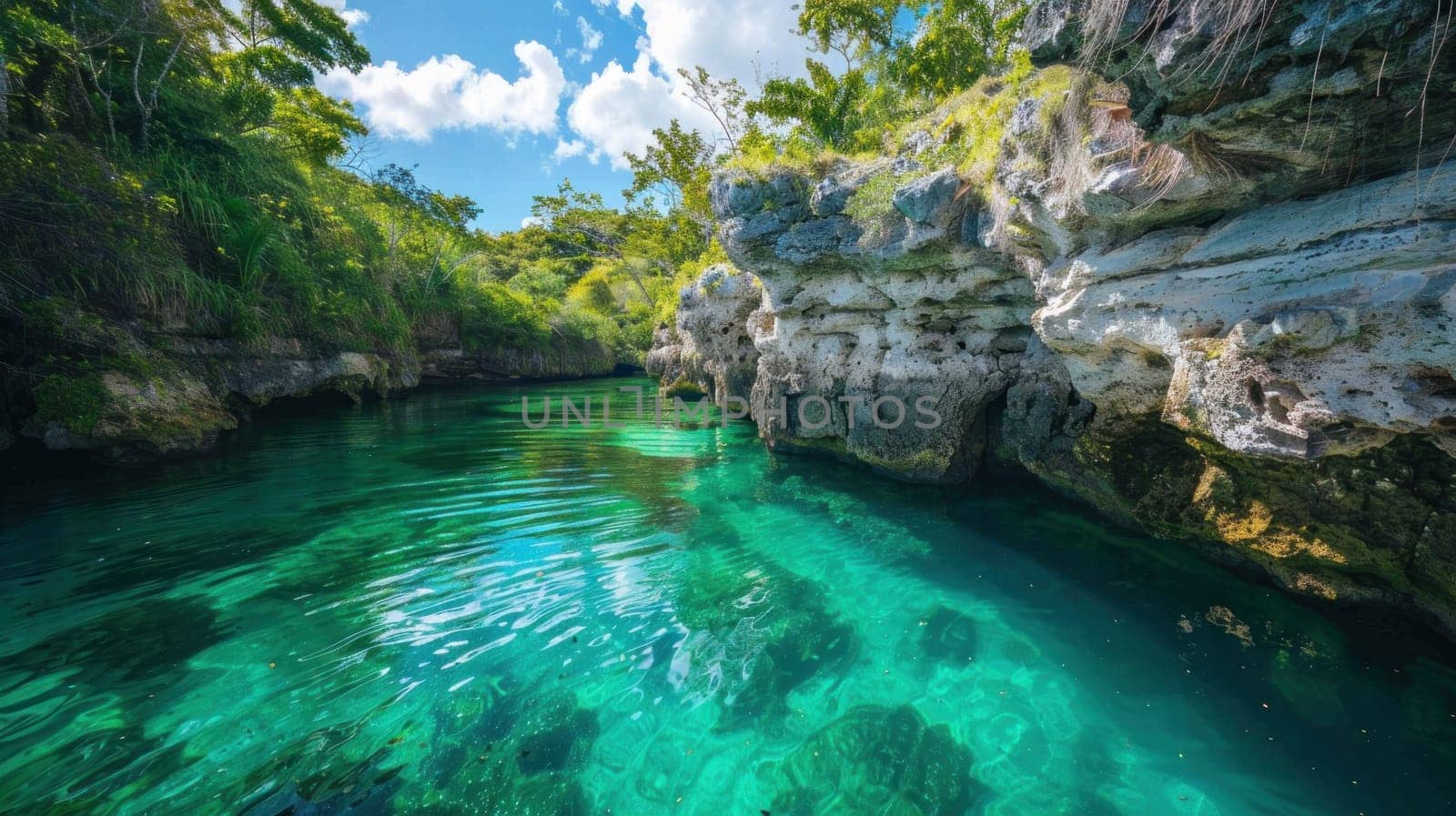 A beautiful blue river with a rocky shoreline. The water is calm and clear, and the surrounding area is lush and green. The scene is peaceful and serene, and it evokes a sense of tranquility