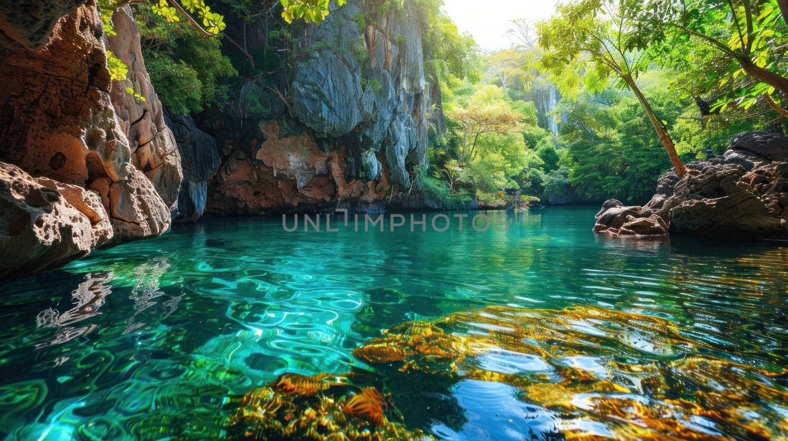 A beautiful blue river with a rocky shoreline.