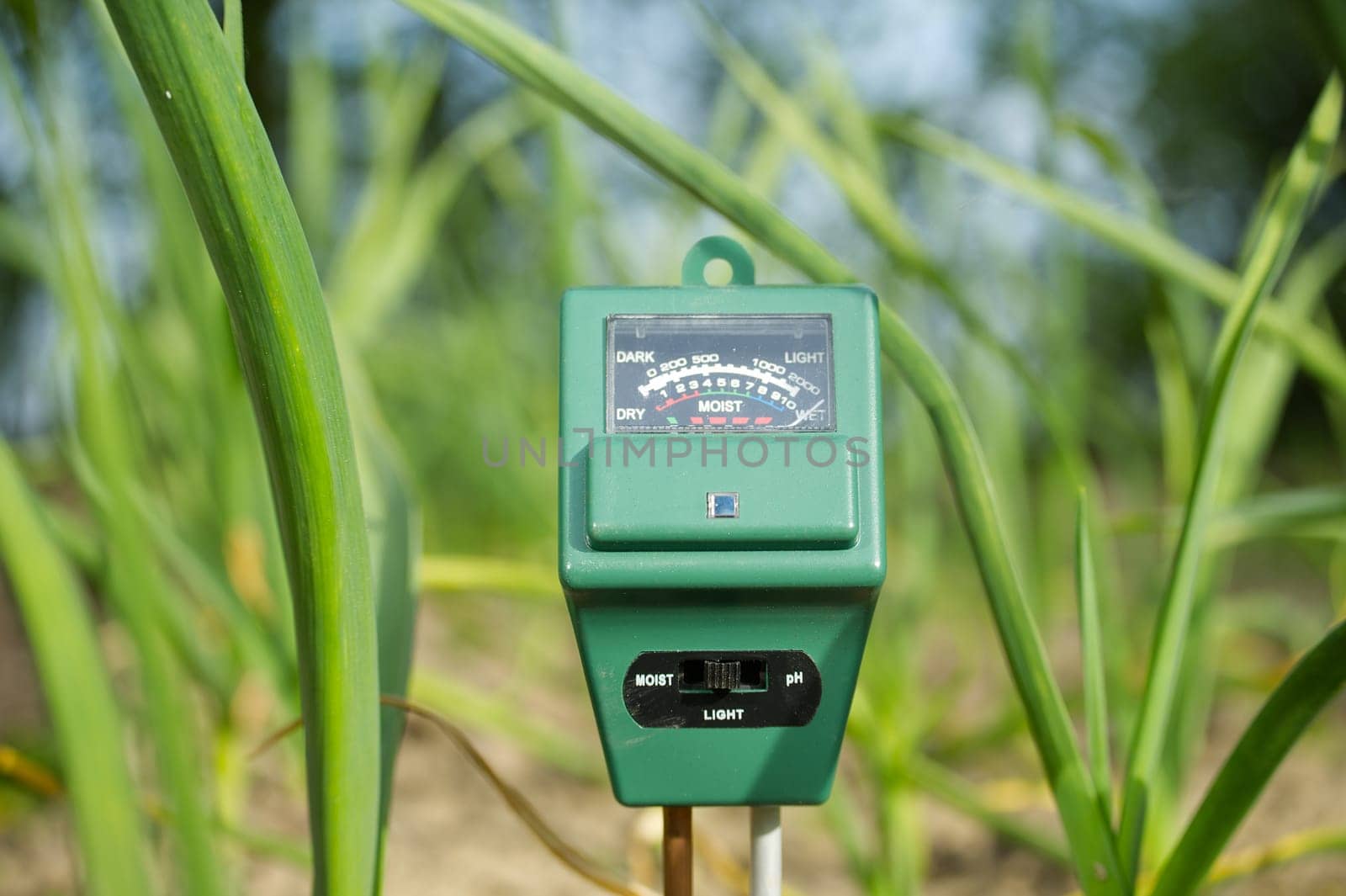 Soil moisture, light intensity and PH testing meter in close up, agriculture technology concept