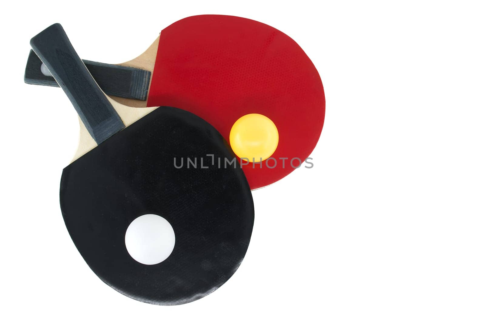 Pair of table tennis rackets and a table tennis balls isolated on white background, table tennis equipment