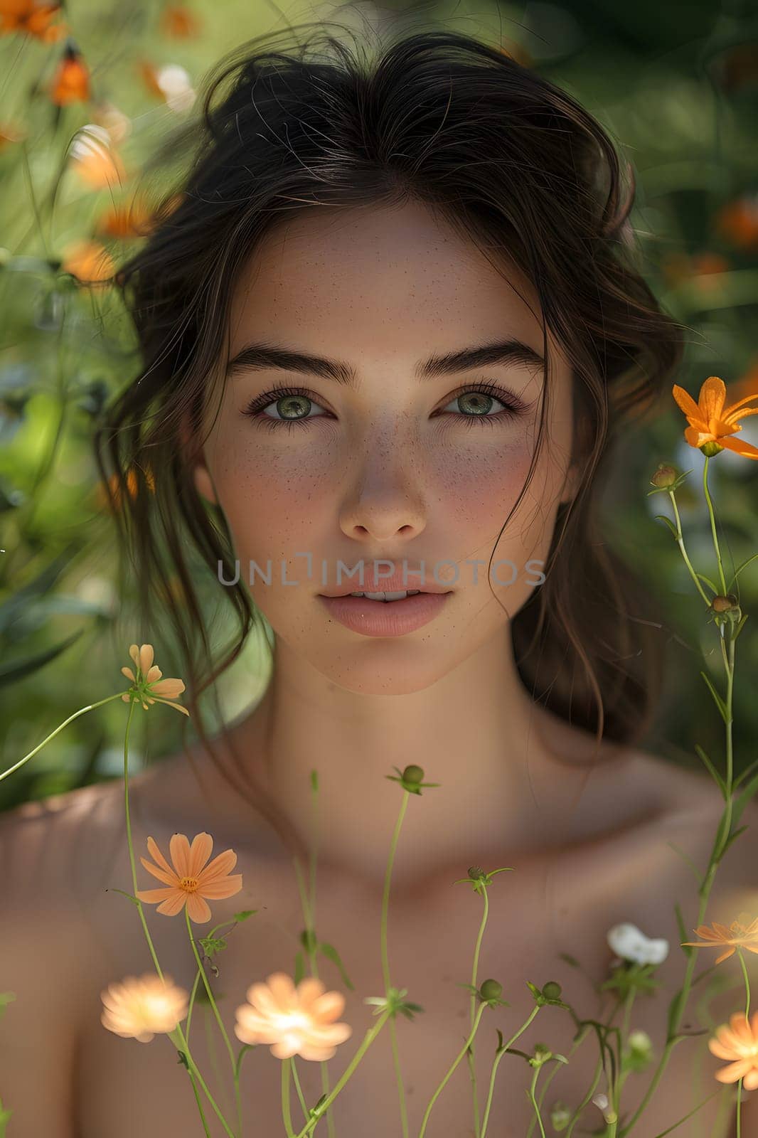 A woman with a happy facial expression stands in a field of flowers, looking at the camera with her eyes filled with wonder and surrounded by colorful petals and green grass