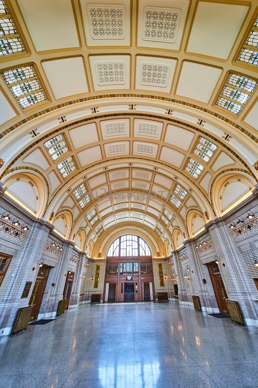 Breathtaking view inside Baker Street Station, Fort Wayne, showcasing intricate patterns and stained glass.