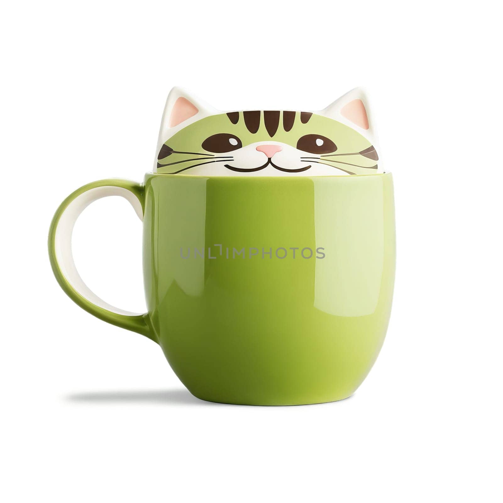 Quirky animal shaped ceramic mug with a playful cat design filled with a creamy matcha by panophotograph