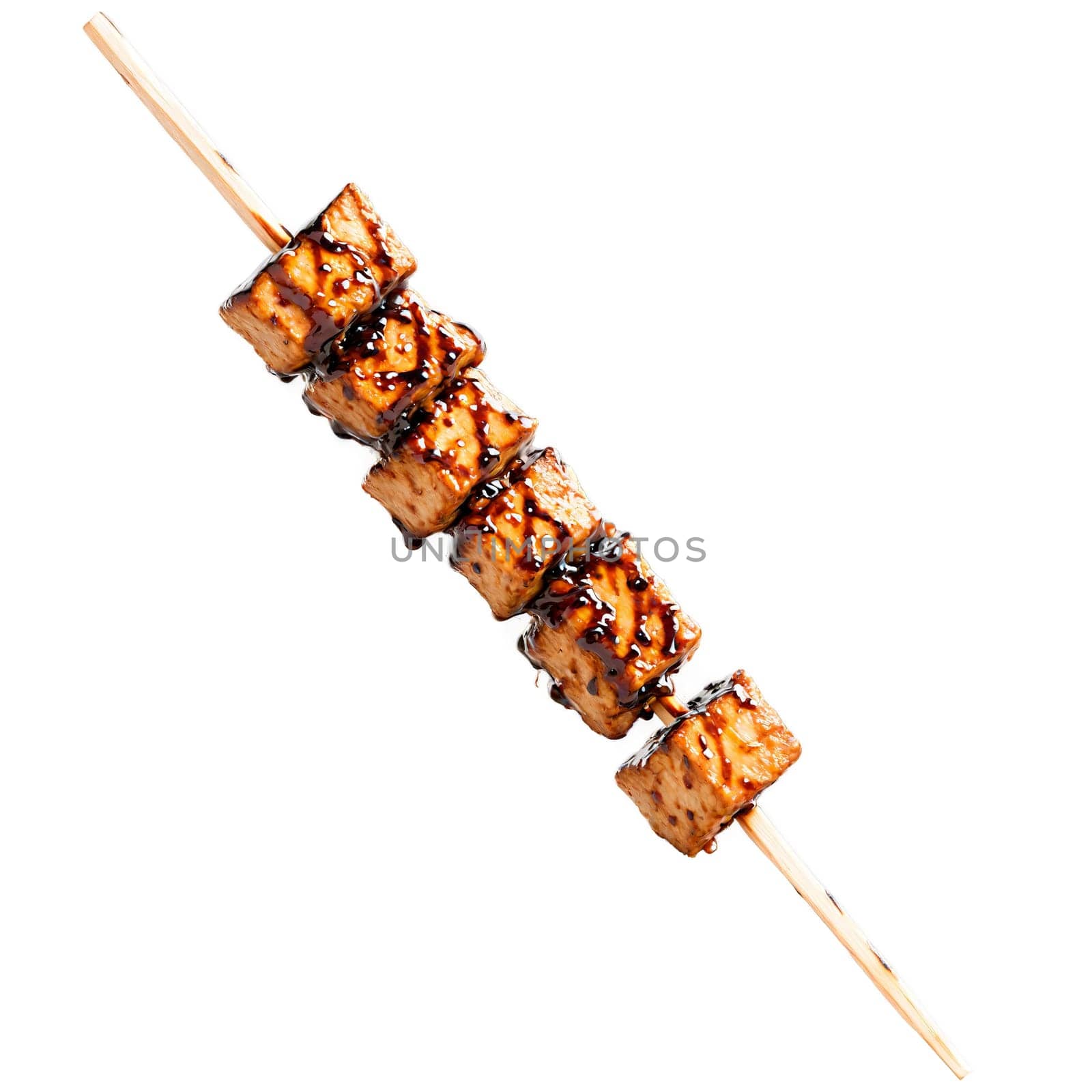 Teriyaki tempeh skewers juicy and caramelized sizzling and turning with a misty spray of teriyaki by panophotograph