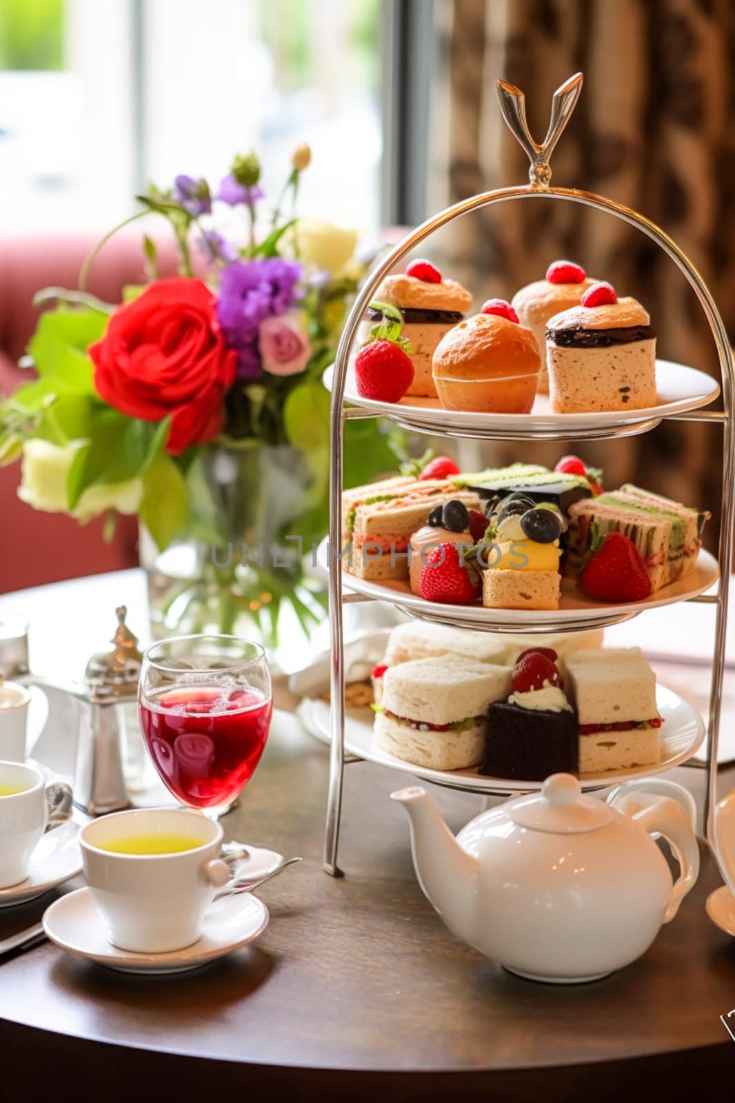 Afternoon tea, English tradition and restaurant service, tea cups, cakes, scones, sanwiches and desserts, holiday table decor and afternoon tea stand with pink flowers, post-processed, generative ai