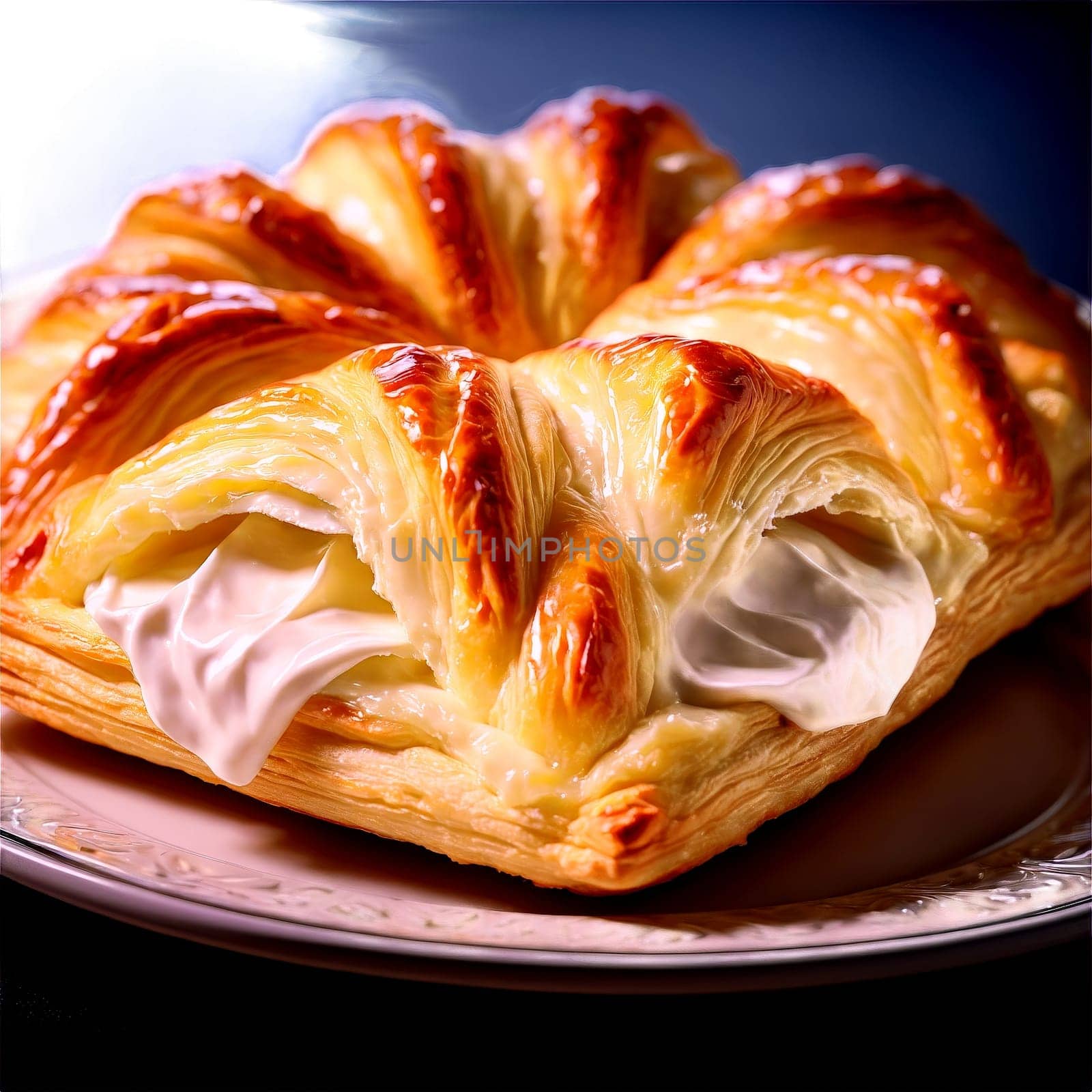 Cream cheese Danish flaky pastry in glass plate cream cheese oozing Food and Culinary concept by panophotograph