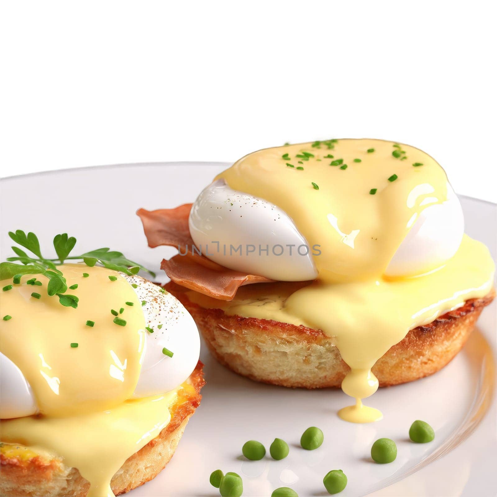 Eggs Benedict poached on muffin in glass plate hollandaise cascading Food and Culinary concept by panophotograph