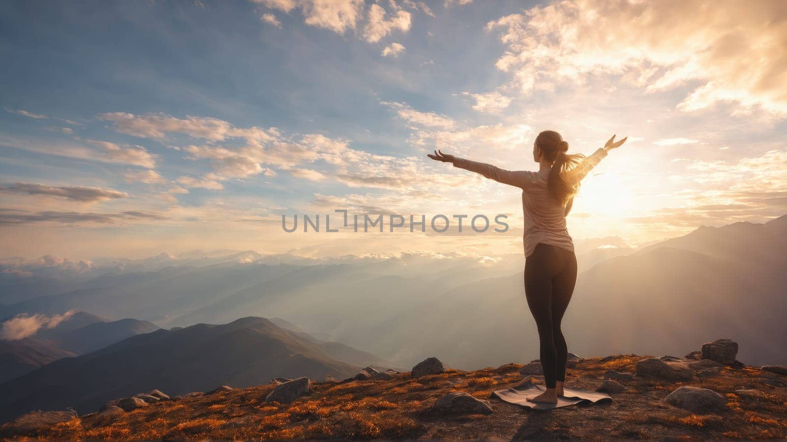 Blissful woman practicing yoga on a serene mountain top clouds swirling prayer flags fluttering soft by panophotograph