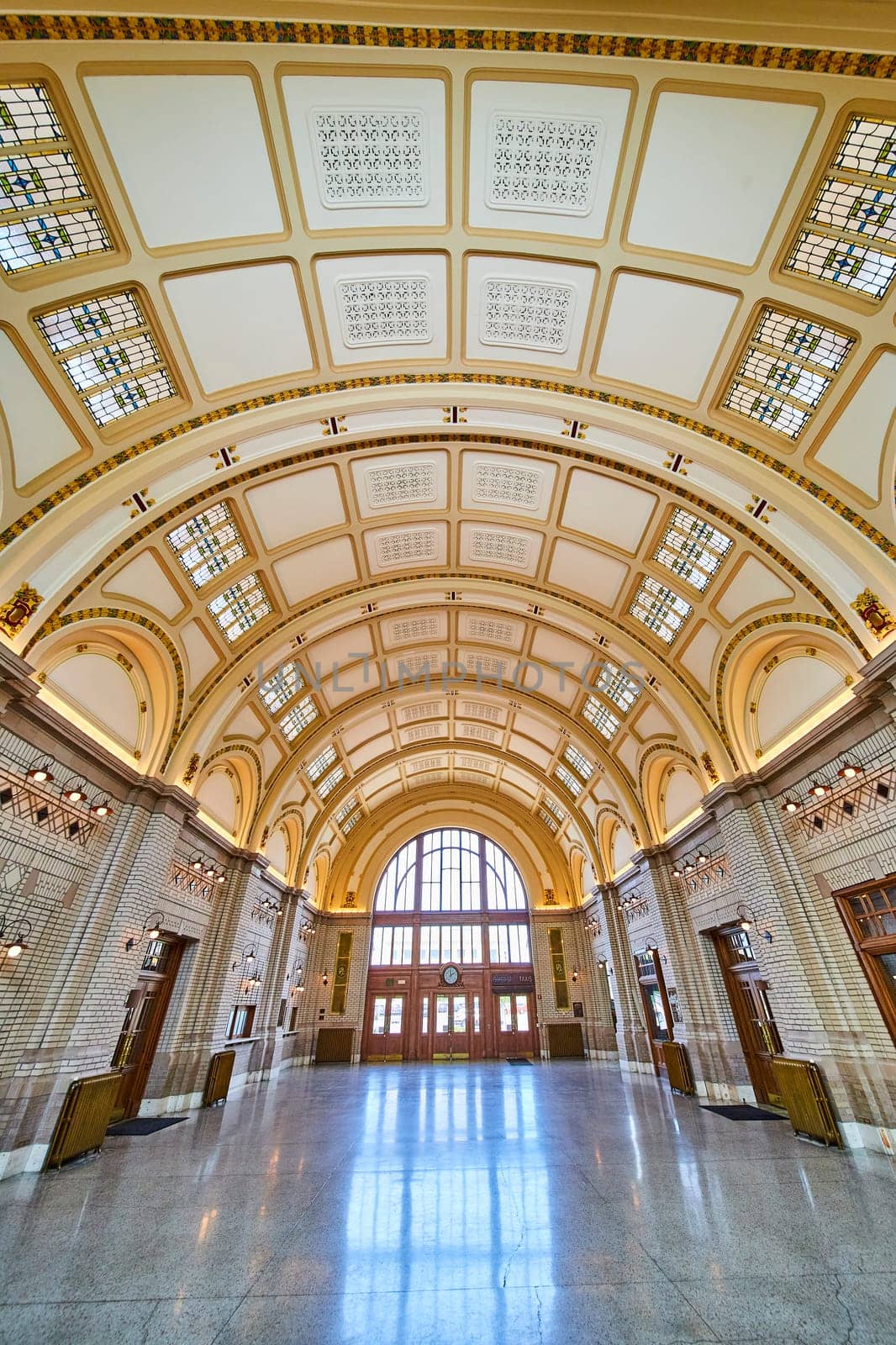 Elegant Baker Street Station interior, Fort Wayne, with ornate stained glass and grand arches, embodying historical grandeur.