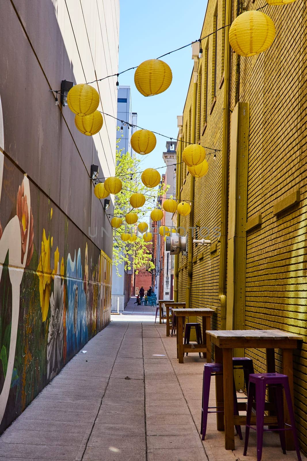 Colorful urban alley in Fort Wayne adorned with yellow lanterns and a vibrant floral mural, ideal for casual outdoor dining.