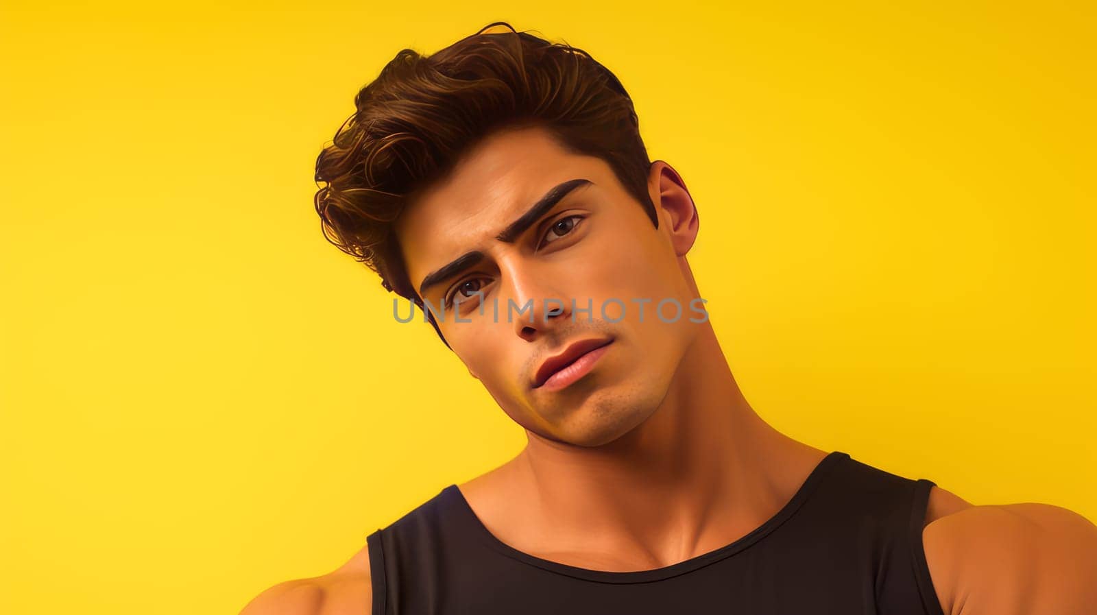 Portrait of an elegant sexy handsome serious Latino man with perfect skin, on a yellow background. by Alla_Yurtayeva