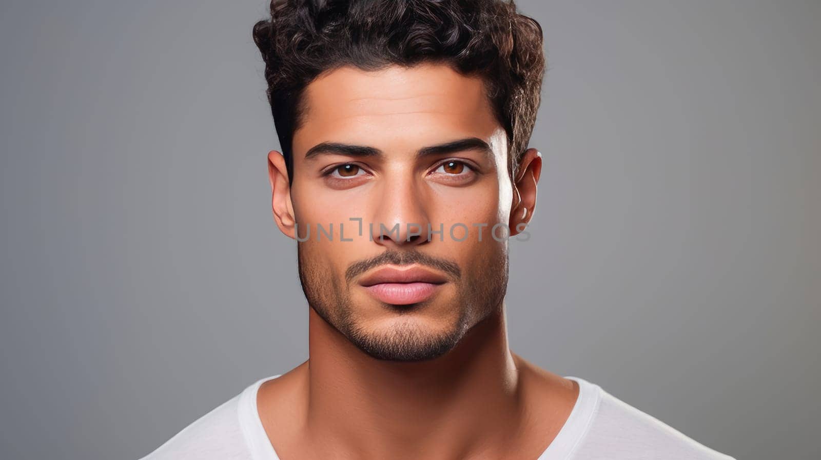 Portrait of an elegant sexy handsome serious Latino man with perfect skin, on a gray background. Advertising of cosmetic products, spa treatments shampoos and hair care products, dentistry and medicine, perfumes and cosmetology for men